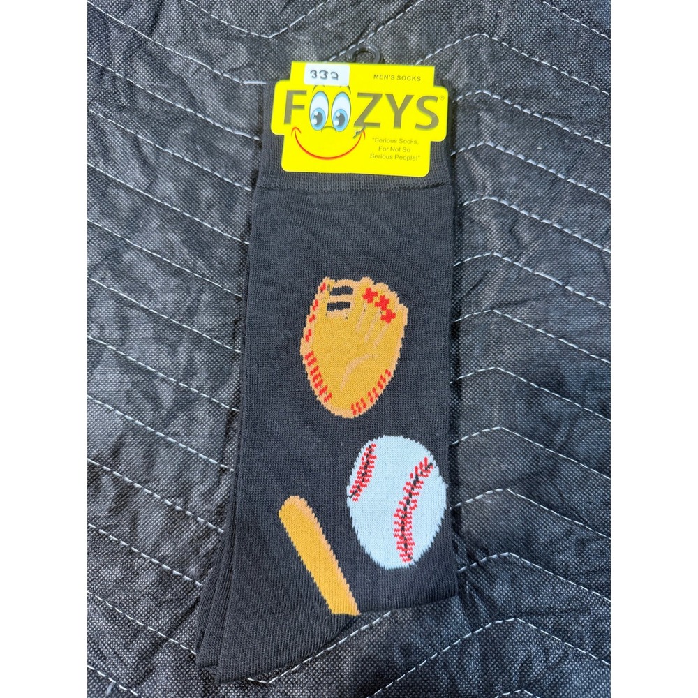 Foozys Baseball Socks Men Size 10-13 Black‎ NWT Novelty Crew Sport Mitt Bat Ball
